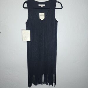 Boston Proper Swingy Fringe Dress Proper Black V-Neck Sleeveless Mini 10 NEW